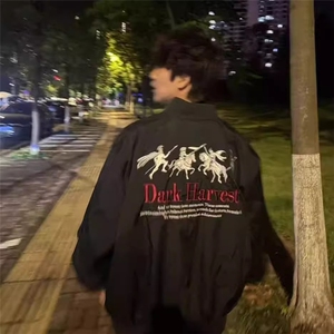 美式高街复古刺绣翻领飞行员夹克男女宽松百搭潮情侣外套棒球服图片