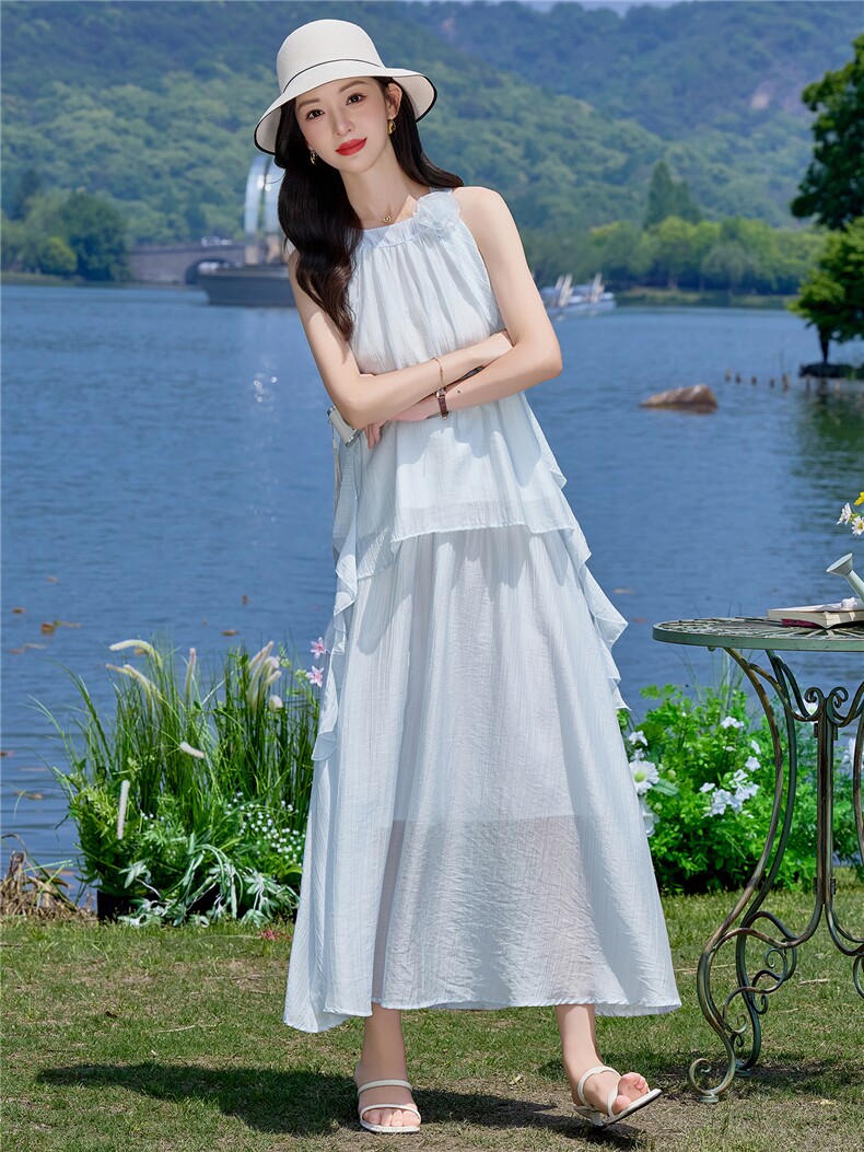 （新款现货）2026夏装时尚挂脖飘带领花上衣+半裙超仙套裙两件套,女装套装/套裙,印象茜