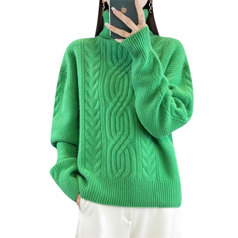 时尚高领女式羊毛衫纯色绞花设计羊毛保暖舒适,女装羊毛衫,聚奥羊绒