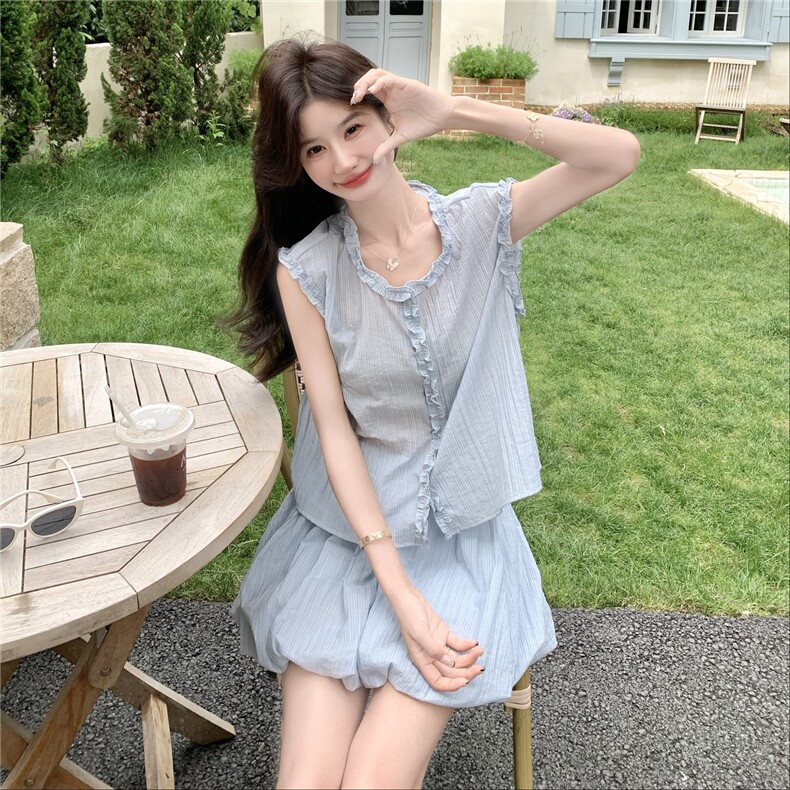 俏皮减龄套装裙女小个子2025夏季新款木耳边马甲花苞半身裙两件套,女装套装/套裙,2C159