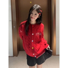 甜美可爱圣诞红色绞花开衫毛衣女秋冬季温柔风圆领针织衫外套上衣，男装针织衫/毛衣，星座1210-1