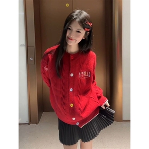 甜美可爱圣诞红色绞花开衫毛衣女秋冬季温柔风圆领针织衫外套上衣图片