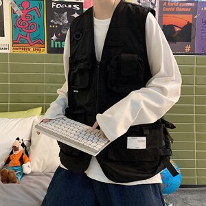 7XL-M港风机能工装马甲男2021秋季新款潮牌V领无袖加肥加大码外套图片