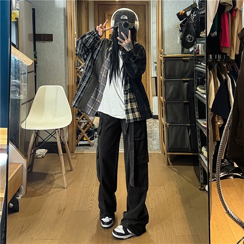 美式复古多口袋做旧工装裤女街头宽松显瘦直筒长裤潮K0202-P45,男装休闲裤,星座308B-1