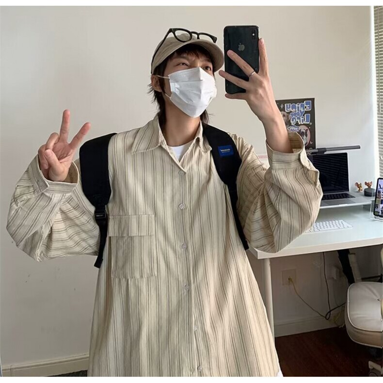 条纹长袖衬衫男女春秋小清新学院风宽松休闲衬衣潮CSH09,男装衬衫,星座516A