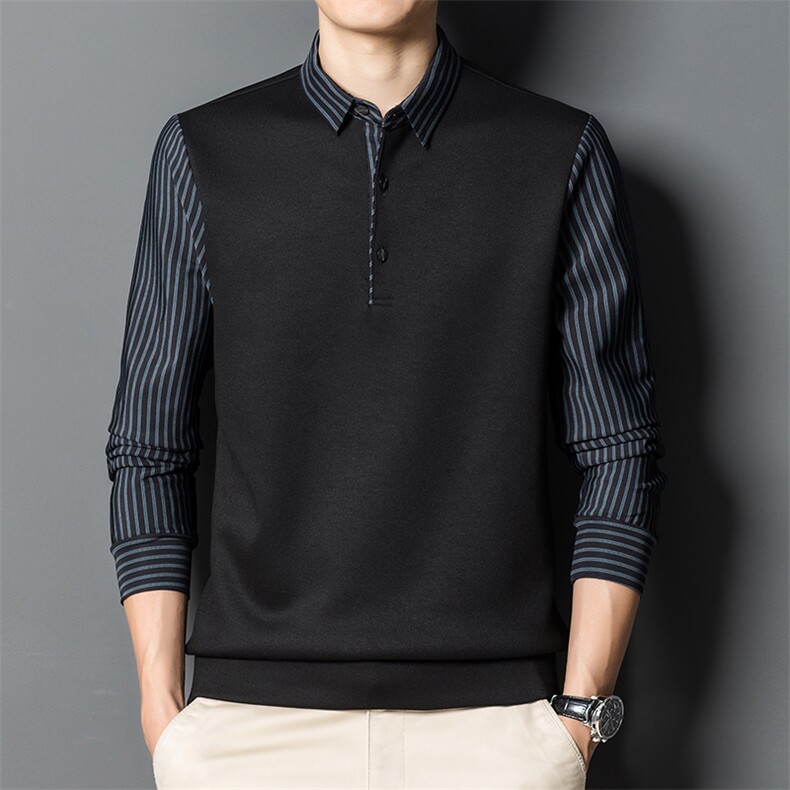 长袖t恤男纯色卫衣春秋季polo衫中年潮流假两件上衣服2023新款,男装卫衣,电商B212（原钱塘6029）