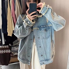 cleanfit牛仔外套男女春秋款痞帅炸街穿搭复古水洗做旧毛边夹克潮，男装工装外套，星座506A