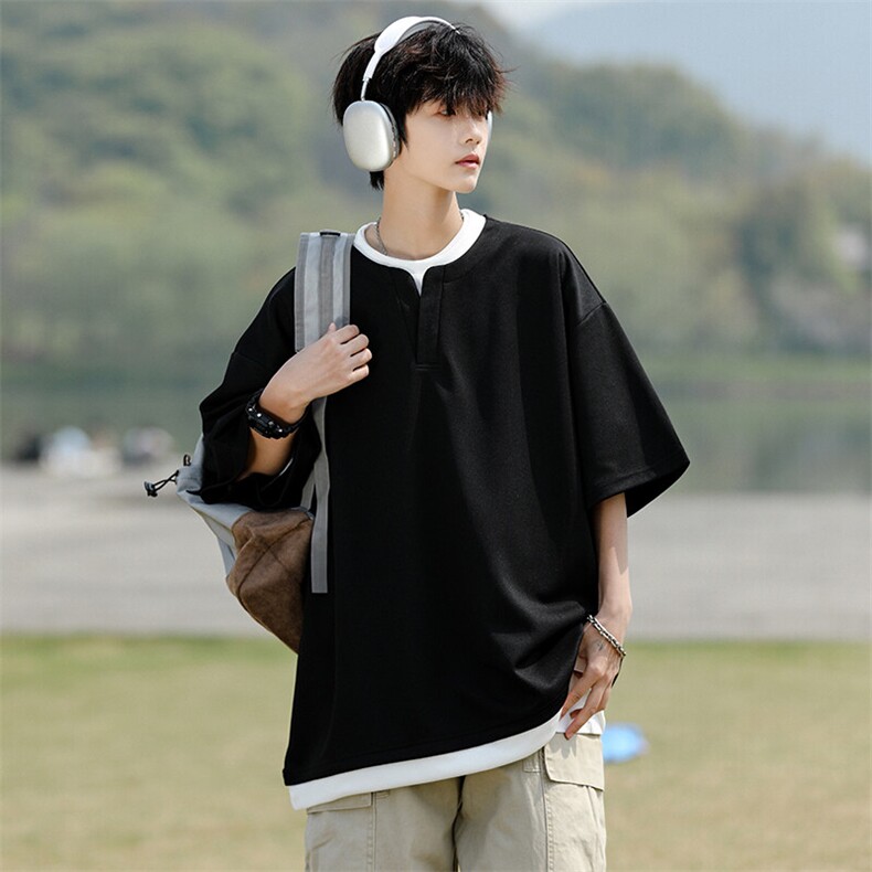 8XL-M重磅斜纹假两件短袖t恤男夏季薄款宽松大码半袖体恤DT006P45,男装T恤,电商B312
