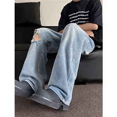 美式高街水洗复古直筒破洞牛仔裤ins潮流夏季新款休闲裤子男女潮，男装牛仔裤，星座1013