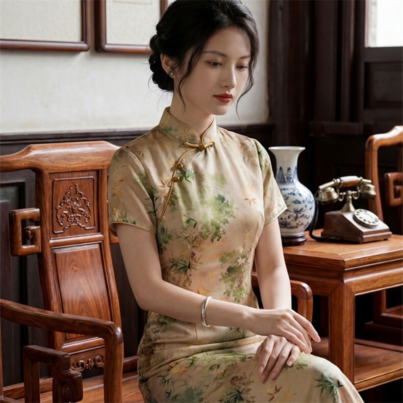 2026年夏季新品时尚气质金丝提花香云纱品质真丝喜庆中长款旗袍裙,女装汉服/婚纱/旗袍/礼服,媚琳依坊