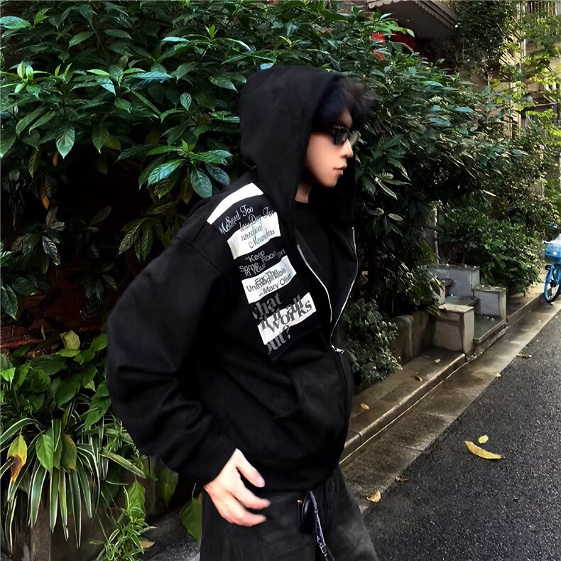 美式复古黑色卫衣男女秋冬季加绒加厚港味chic连帽外套,女装短外套,四季星座505