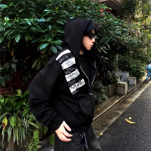 美式复古黑色卫衣男女秋冬季加绒加厚港味chic连帽外套图片