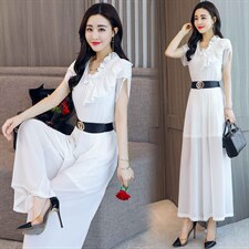 2022年夏季韩版时尚不规则花边拼接上衣+显高阔腿裤两件套，女装套装/套裙，火爆靓佳人