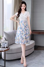 时尚气质修身连衣裙夏季新款显瘦V领短袖印花裙，女装连衣裙，鑫鑫美