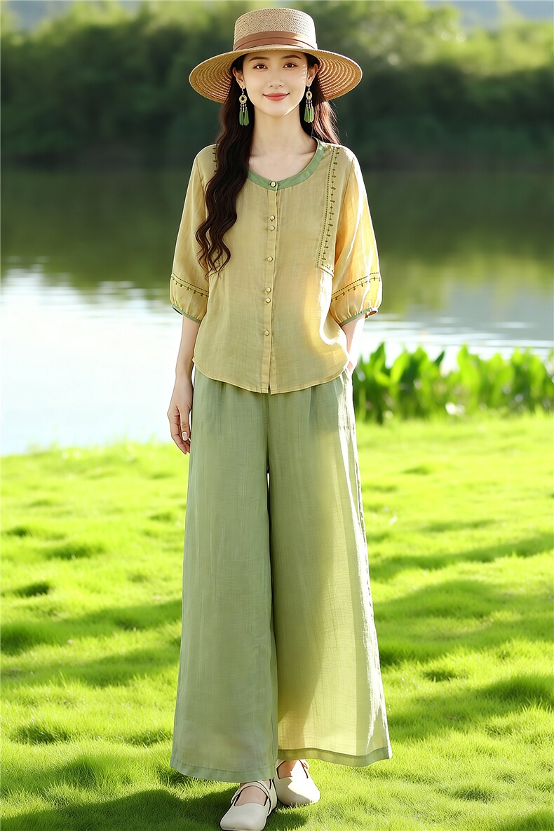 芷墨夏季新款松弛简约通勤上衣阔腿裤两件套显高显瘦宽松套装女,女装套装/套裙,芷墨服饰