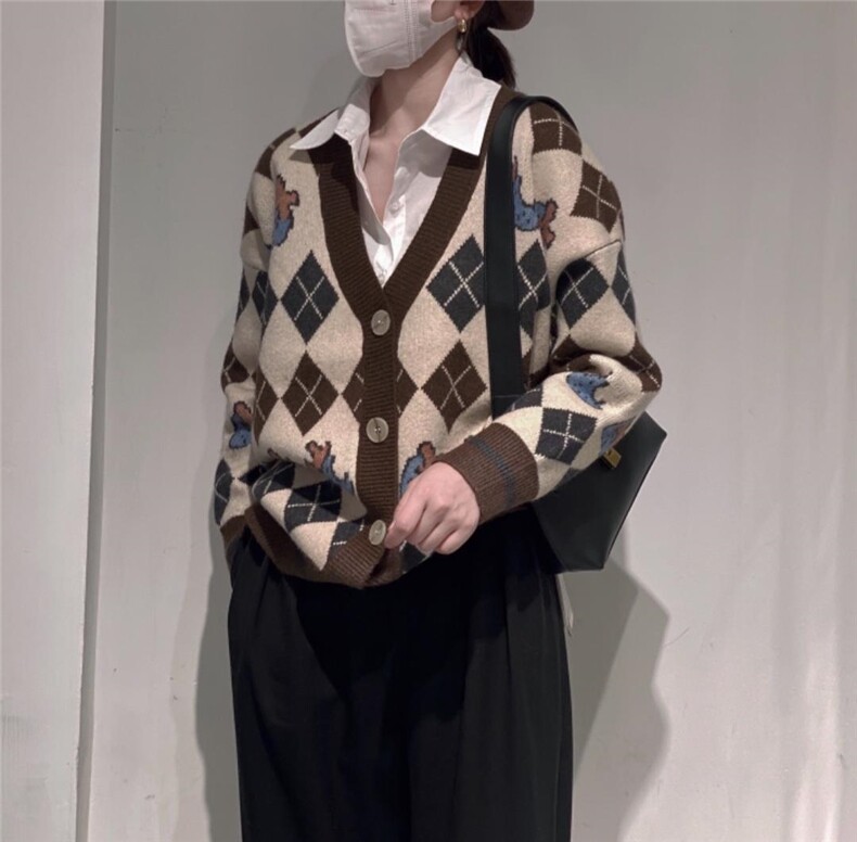 菱形格毛衣开衫，女装针织衫/毛衣，驿谷