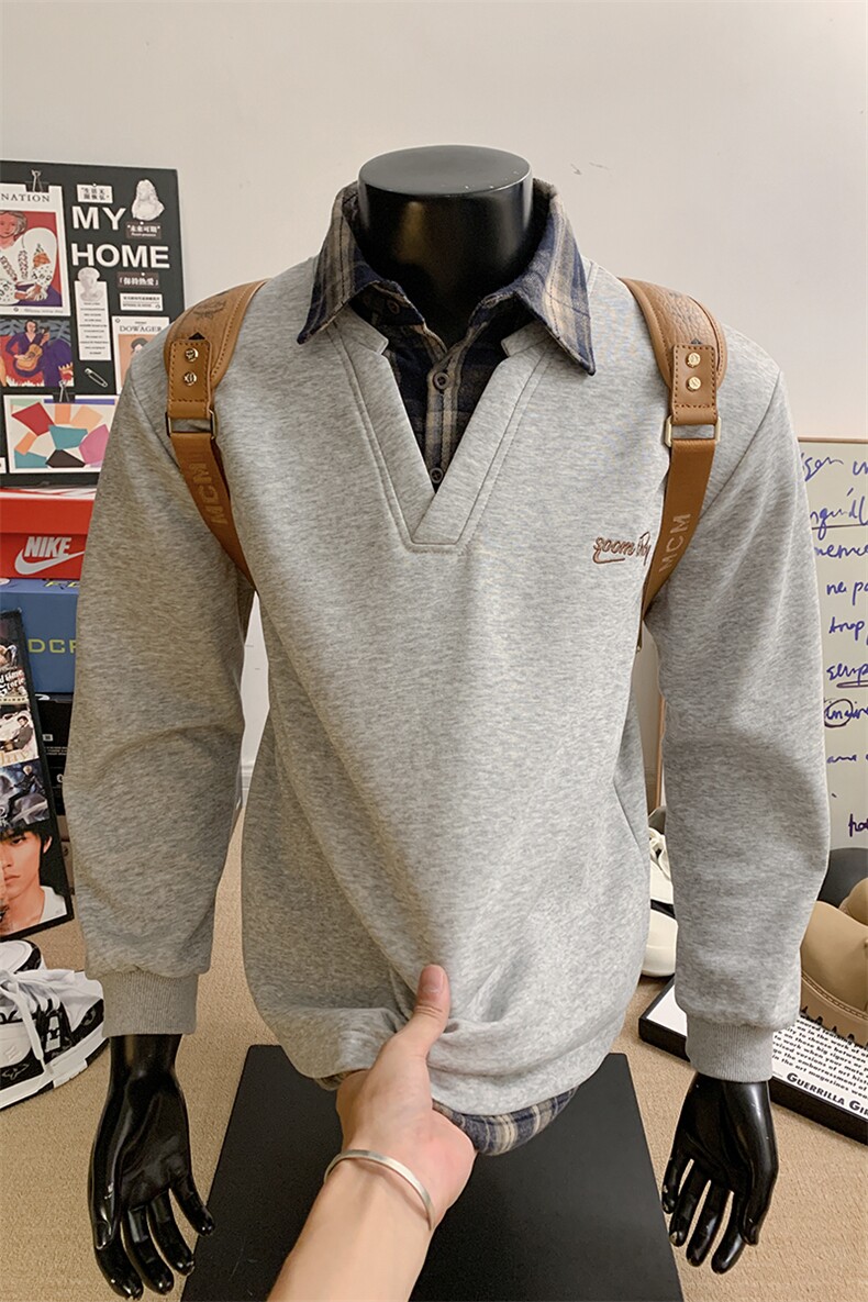 假两件卫衣男秋冬拼接衬衫领学院风上衣外套WY3658-特P38加绒P40,男装衬衫,电商B295