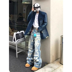 2025美式复古做旧拼接破洞牛仔裤男女高街宽松cleanfit休闲直筒裤，男装牛仔裤，星座506A