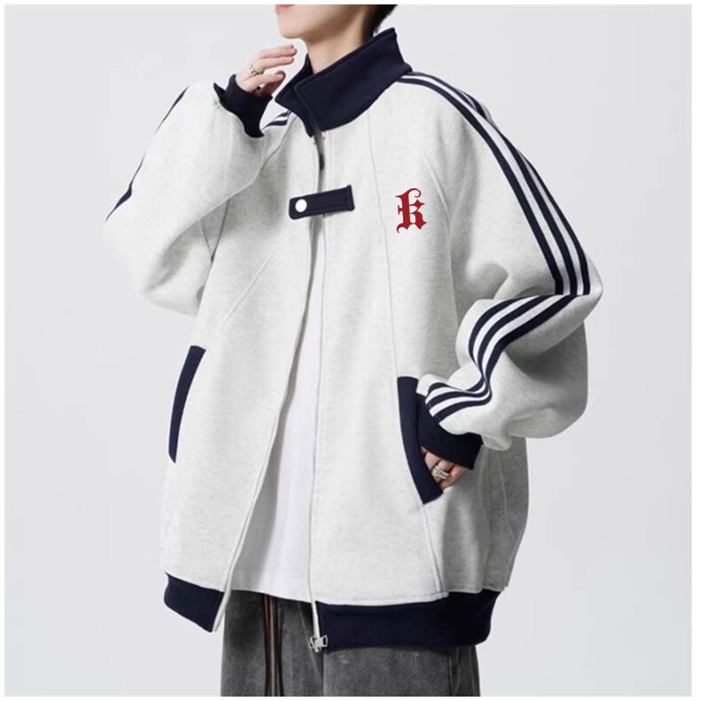 抖音得物品质美式高街重磅结构拼接织带翻领卫衣夹克外套AW11302,男装夹克,电商A443