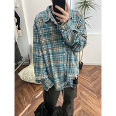 B221！美式ins高街暗黑小众毛边格子衬衫SY2320-P65控88，男装衬衫，电商B221