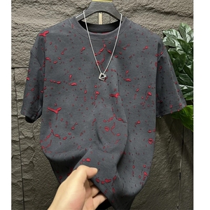 美式高街潮牌破洞短袖烧花水洗做旧T恤T2609-P50图片