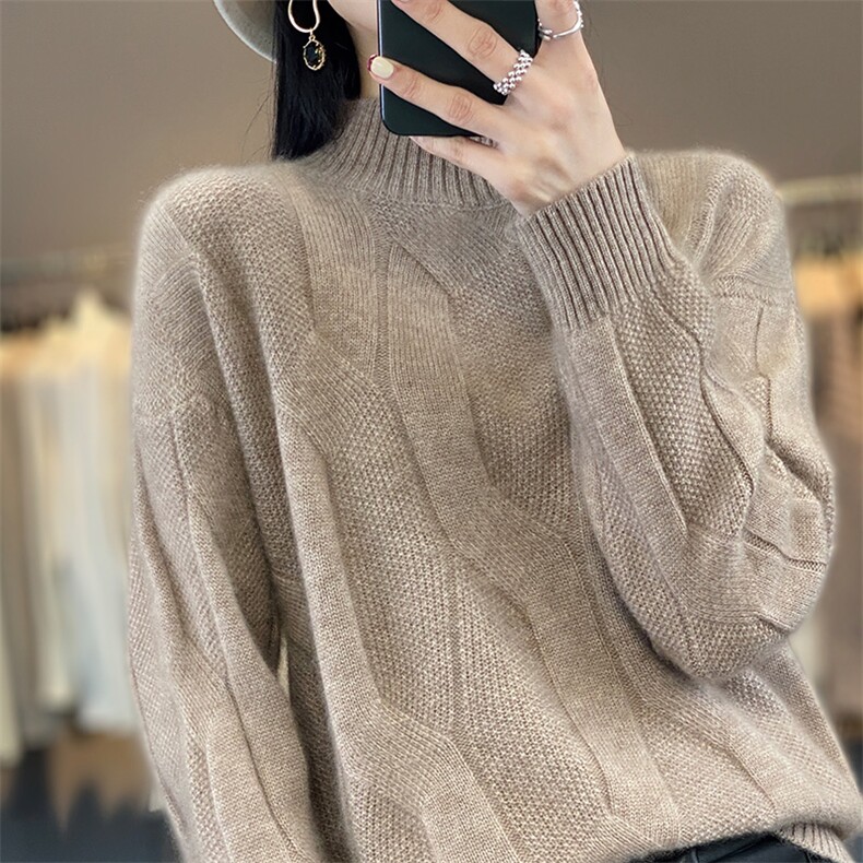 中长款半高领100%羊毛衫女扭花针织毛衣连衣裙宽松羊绒衫过膝长裙,女装羊毛衫,吉高羊绒