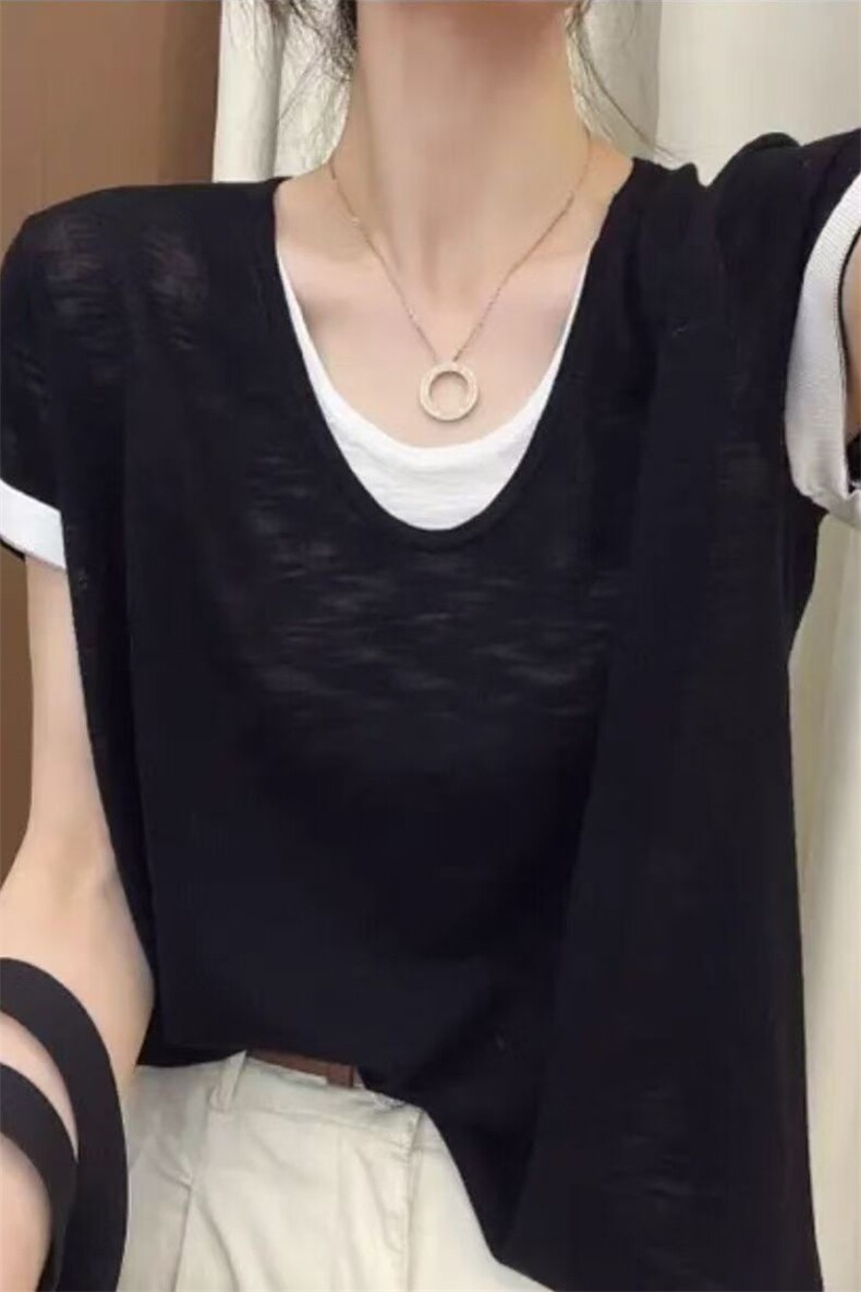 女士简约精纺羊毛假两件拼色短袖,女装T恤,唯若美羊绒