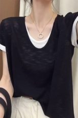 女士简约精纺羊毛假两件拼色短袖，女装T恤，唯若美羊绒