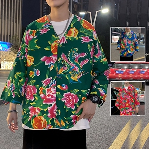 C7022男士休闲大码大花大V领七分袖T恤外套风民族特色套头TEE图片