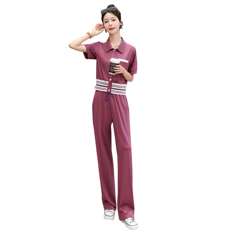 休闲运动套装女夏季2025新款高级感时尚短袖上衣洋气阔腿裤两件套,女装套装/套裙,妙形