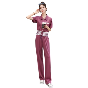 休闲运动套装女夏季2025新款高级感时尚短袖上衣洋气阔腿裤两件套图片