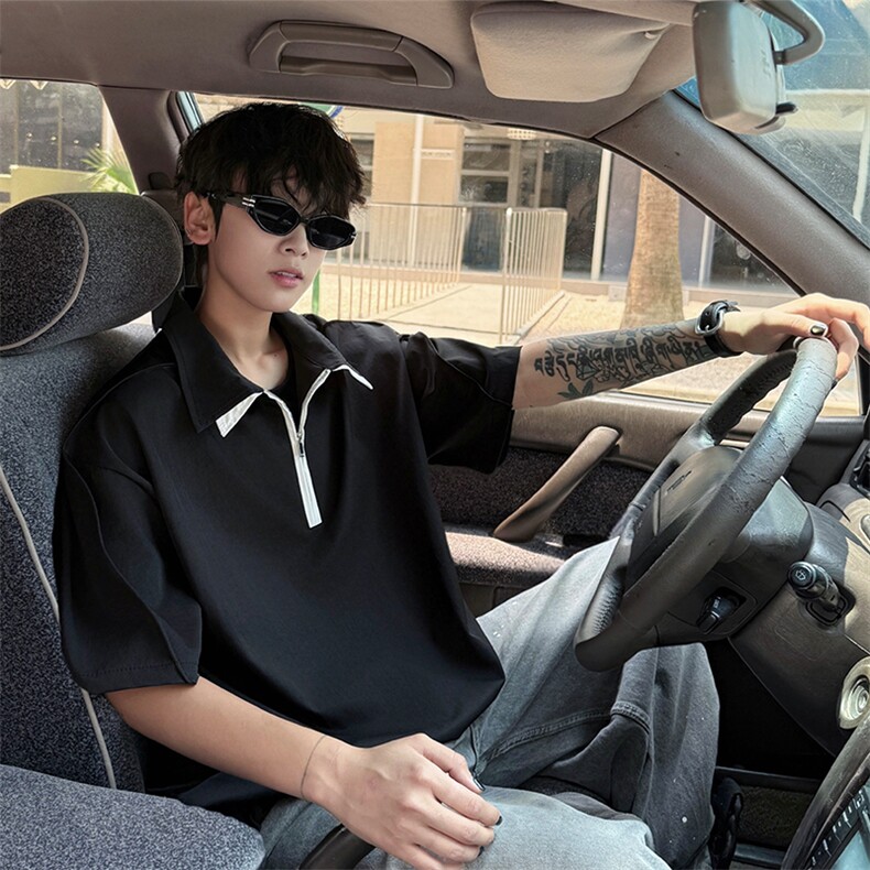 男士夏季冰丝凉感透气短袖衬衫美式青春拼色拼接设计感衬衫T恤图片
