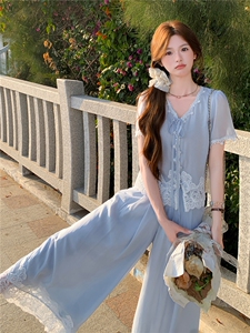 法式气质蕾丝拼接套装女2026夏季新款高级感时髦洋气阔腿裤两件套图片