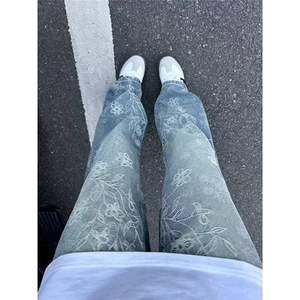 美式高街提花牛仔裤男潮牌水洗直筒休闲宽松痞帅微喇裤HQ0255-p46图片