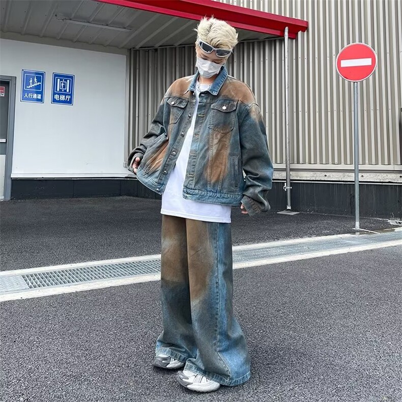 得物品质秋男牛仔运动套装牛仔夹克扎染脏脏牛仔长裤TZ0018P130,男装夹克,星座1013-1