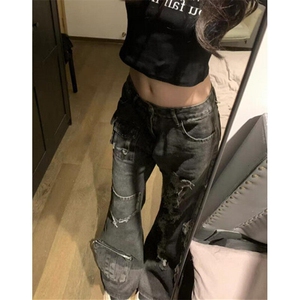 直筒破洞毛边牛仔裤男女春秋季宽松高腰阔腿工装裤 NT200图片