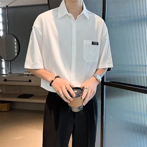 夏季潮流日常短袖男衬衫文艺标准百搭潮简约五分袖图片