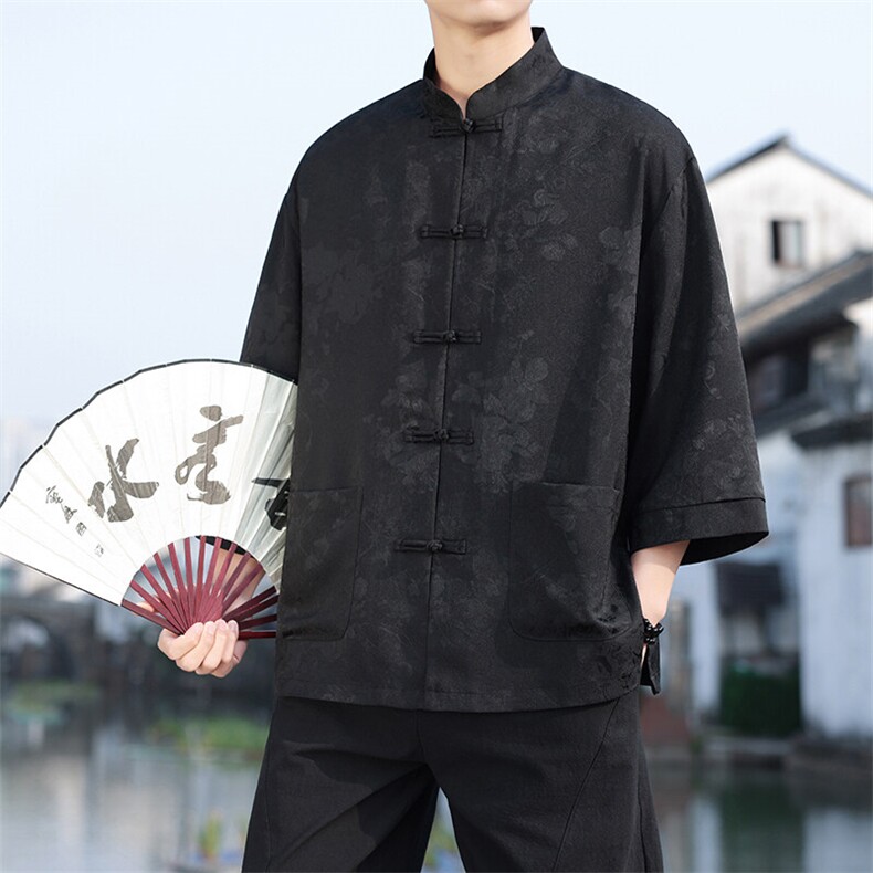 2025夏季风立领提花七分袖衬衫宽松大码上衣CS2502-P7088,男装衬衫,电商A008