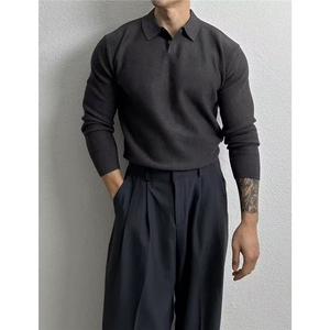 翻领针织Polo衫男士秋冬季韩系宽松慵懒风纯色套头长袖毛衣图片