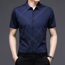 男士短袖衬衫冰丝无痕条纹商务休闲装夏季免烫高弹力中年上衣,男装衬衫,电商B212（原钱塘6029）