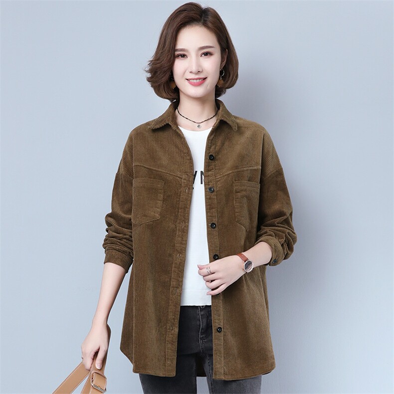 灯芯绒衬衫女士2024新款春秋妈妈装中长款大码胖妈妈衬衣高端外套，女装衬衫，靓衣阁