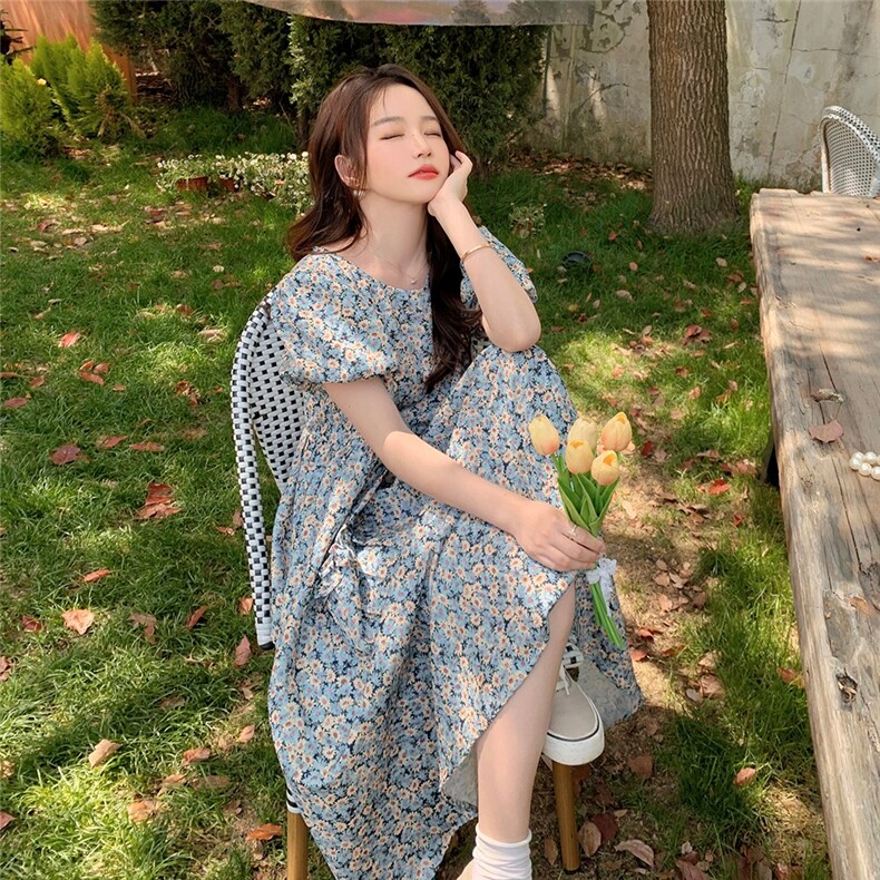法式复古泡泡袖碎花连衣裙女夏2025新款文艺范设计感小众独特长裙,女装连衣裙,浙宝189