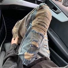 高街迷彩拼接微喇牛仔裤复古嘻哈hiphop直筒显瘦长裤NS6002，男装牛仔裤，星座1116A-1（原606A）