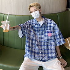 夏季美式复古男女宽松百搭短袖格子衬衫男女高街外套CS0118-P40，男装衬衫，星座308B-2