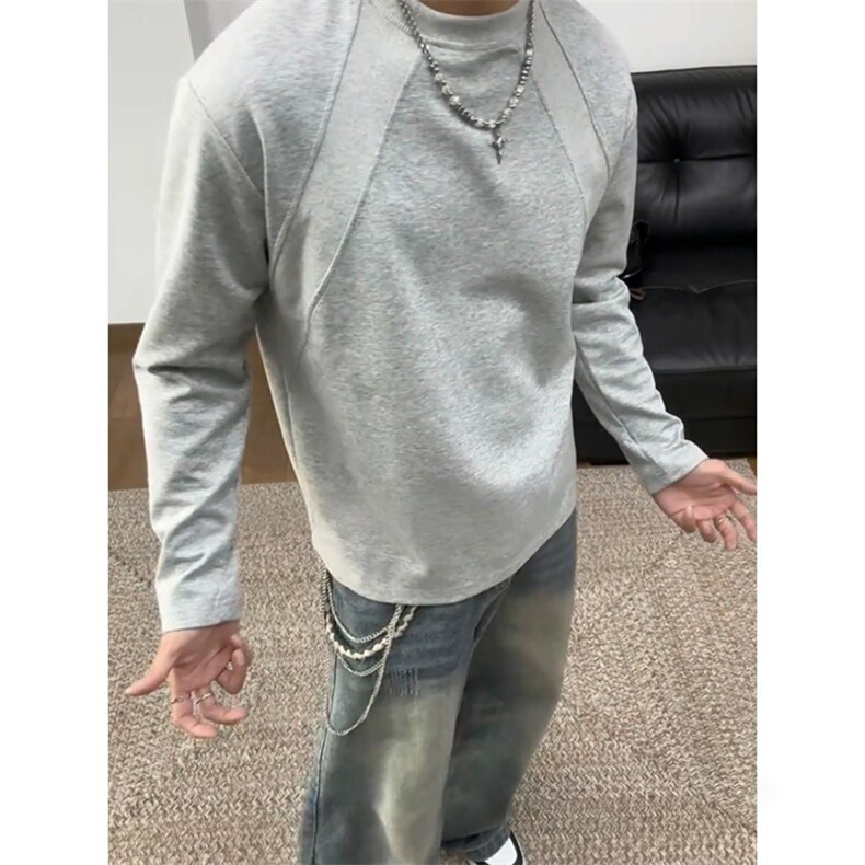 抖音得物品质26春装美式高街曼巴棉螺纹拼接卫衣圆领长袖T恤YT164,男装T恤,电商A486-1