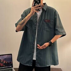 598-P29美式复古日系竖条纹短袖衬衫男女ins潮宽松百搭，男装T恤，电商B323A
