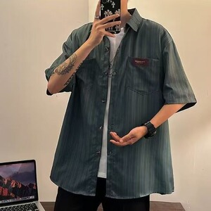 598-P29 美式复古日系竖条纹短袖衬衫男女ins潮宽松百搭图片