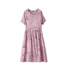 2021圆领印花文艺连衣裙抽皱棉质韩版减龄舒适套头裙子，女装连衣裙，伊满意