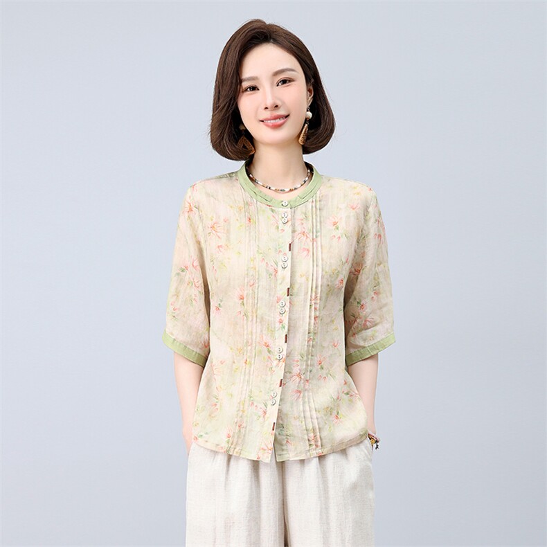 2025夏装新款复古舒适显瘦撞色印花苎麻衬衫轻薄阔腿裤,女装衬衫,凝聚力