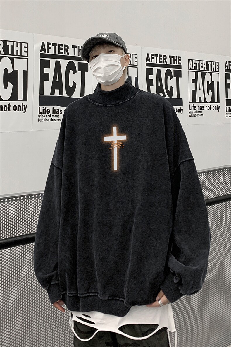 水洗做旧加绒加厚卫衣男2026冬高领十字架打底衫XZ514-2-X53-P78,男装T恤,星座514-2(原B239)